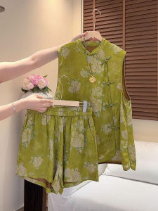 Shalldoer | New Chinese Style Womens Casual Shirt And Shorts Set With Button Detail Summer Collection Two Piece Set Round Neck Short Sleeve