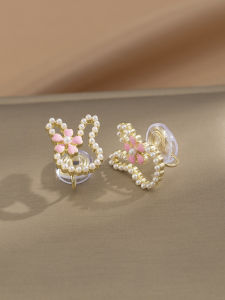 Pain-Free No-Piercing Pink Sakura Pearl Rabbit Ear Studs Cute Gentle Fashion Jewelry Womens Alloy Silver Gold Plated Accessories
