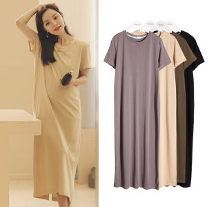 Maternity Summer Dress Korean Style Short Sleeve Long Dress T-Shirt Dress Maternity Wear Daily Pure Color High Waist Sensation