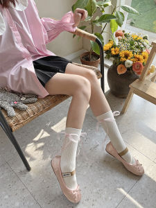 Ballet Style Young Adult Ribbon Bows Knee Socks Womens Socks Sweet Pink Ins Tide Easiest for Match Pure Color JK Bunching Socks