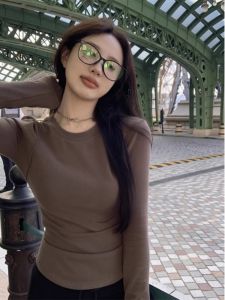 Korean Style Slim Fit Long Sleeve round Neck Fleece-lined Base Layer Shirt Womens Autumn Winter Thermal Top Polyester Spandex