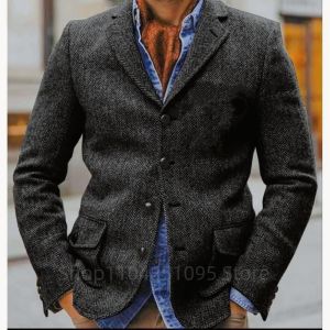 2026 Herringbone Elegant Mens Brown Blazer Suit Single Breasted Button Business Smoking Dance Coat