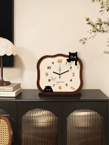 New 2025 Adorable Cat Desktop Clock Silent Cream Style Table Clock Living Room Entrance Clock Wood Material Static Design