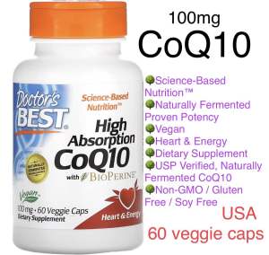 [MỸ] High Absorption CoQ10 with BioPerine 100mg 60 veggie caps Doctors Best Science-Based Nutrition™ Naturally Fermented Proven Potency Dietary Supplement Heart & Energy Gluten-Free chống oxy hóa bổ sung cho cơ thể