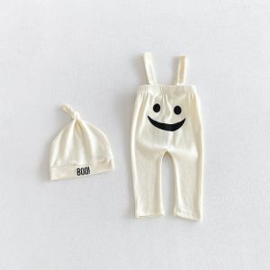 2026 Halloween Baby Overalls Outfit Suspender Pants Cartoon Hat Set Cute Monster Face Print Soft Knit Festival Baby Clothes