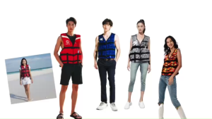 เสื้อชูชีพรุ่น D-2 (สีเหลือง) สีสันสดใส   เหมาะสำหรับเด็กและ ผู้ใหญ่ มีนกหวีดและสายรั่งขาเพื่อความปลอดภัยของผู้สวมใส่