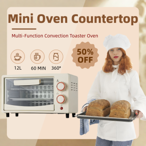 12L Mini Electric Toaster Oven Fast Heating Countertop Cooker with Timer Control Stainless Steel Build Glass Door