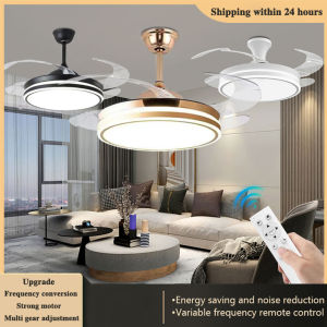 Ceiling Fan Light Nordic Modern Tri Color Chandelier Fan With Light Remote Control 42Inch 48Inch Retractable Invisible CeilingPendant Lighting For Kitchen Dining Living Room Bedroom