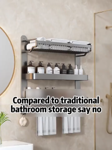 Nearra 304 Stainless Steel Light Grey 2/3Layers Bathroom Towel Rack Wall-Mounted Storage Rack With Wire Basket