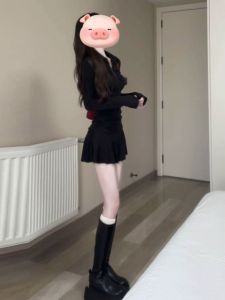 Korean Style Polo Collar Shirt Dress Slim Fit High Waist Pleated Waist Cinching Black Mini Dress Spring Autumn Fashion Ladies