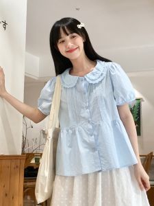 Blue Short Sleeve Sweet Doll Collar Shirt Womens Summer Fashion Japanese Style Cotton Blend Loose Fit Bubble Sleeve Top