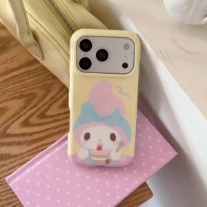 Sanrio | Korean Ins Melody Yellow Silicone Phone Case For iPhone 15 16 17 Pro Max With Beaded Chain Shockproof Protective Cover For Girl