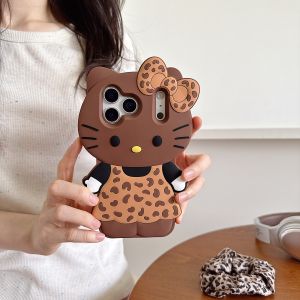 Cute INS 3D Hello Kitty Phone Case For iPhone 17 16 15 14 13 12 Pro Max Plus 17 Pro Air Leopard Print Dress Cartoon Kitty Case