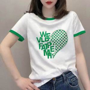 Pure Cotton Short Sleeve T-Shirt Womens Summer New Style Mini Shirt round Neck White Shoulder Top Korean Style Commute Love Print