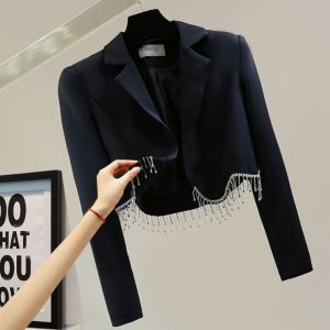 Fall Womens Short Suit Jacket Diamond Embellished Slimming High Waist Casual Open Cardigan Design Trendy Braid Detailing