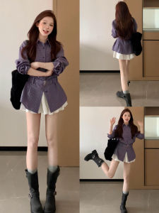 Ge·an·fei | French Style Purple Sleeve Long Plaid Waist-cinching Shirt