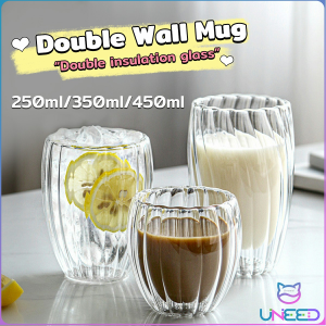 Double Wall Glass Coffee Mug 250ml/350ml/450ml Heat Resistant Stripe Shape for Milk Tea Coffee Juice Birthday Gifts Mothers Day Gifts Fathers Day Gifts Thanksgiving Gifts Christmas Gifts Durable Easy to Clean