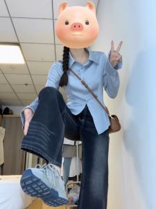 Blue Satin Waist-Cinching Long Sleeve Shirt for Women Textured Summer Top Pure Desire High-End Base Layer Commute Style