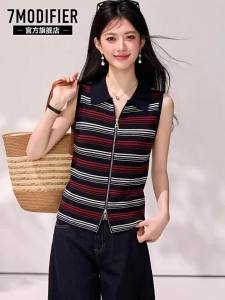 7.Modifier | Áo Thun Polo Cổ Có Dây Kéo Đôi In Sọc Đối Lập