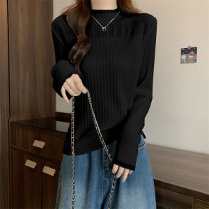 Chic Lace Trim Half High Collar Base Shirt Womens Knitted Top Inner Wear Spring Autumn plus Size Fashionable Korean Style