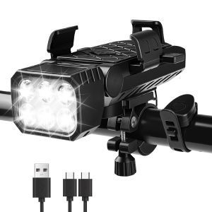 Bike Front Light 4-in-1 Phone Holder Bicycle Headlight Portable Mountain Bike Headlamp 130dB Horn High Brightness Bicycle Light