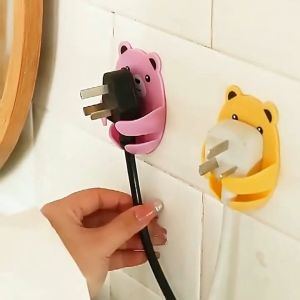 5 pcs cartoon bear hugging hook wire plug storage plug fixed traceless strong adhesive hook kitchen accessories power socket wall storage hook bracket with double-sided tape without punching