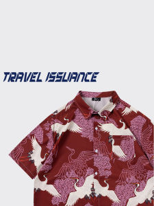 Travel Issuance Original Artistic Crane Print Loose Short Sleeve Shirt Comfortable Casual Style for Men Women