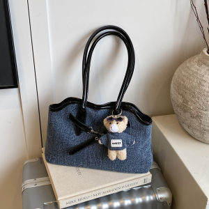 Retro Hong Kong Style Denim Tote Bag Womens Casual Versatile Underarm Commuter Handbag American Vintage Fashion Handbags