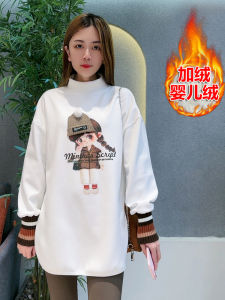 Áo Thun Dệt Kim Dày Cho Bé Gái Áo Thun Cotton Mùa Đông Dáng Rộng Dài Vừa Phải Có Lót Lông Cừu Cổ Tròn in Họa Tiết Hoạt Hình