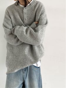 Áo Len Dệt Kim Cổ Tròn Màu Trơn Mùa Thu Đông Cho Nam Và Nữ Dáng Rộng Thoải Mái Thường Ngày Phong Cách Nhật Bản Cổ Nửa Mở