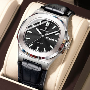 POEDAGAR Square Wristwatch For Men Luminous Waterproof Week Calendar Luxury Man Clock Leather Quartz Fashion Mens Watches Reloj