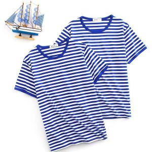 เสื้อยืดแขนสั้นสำหรับทั้งหญิงและชายวิญญาณทะเลสีฟ้าสีขาวสำหรับคู่รักสไตล์เกาหลีแบบใหม่ฤดูร้อนเสื้อเสื้อเชิ้ตมีลายกระชับสัดส่วน