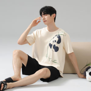 Miiow | Mens Summer Sleepwear Lightweight Breathable Pure Cotton Short Sleeve Shorts Casual Simple Home Clothes MiiOW Cat Person