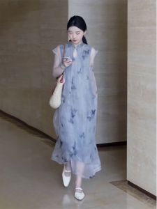 Elegant Chinese Style Floral Print Dress Summer Season High Waist A-Line Skirt Short Sleeve Stand Collar Midi Dress for Women