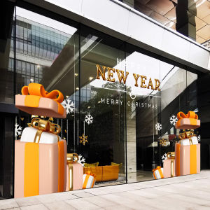 3D Stereo Christmas New Year Gift Box Snowflake Glass Sticker Shop Window Atmosphere Decoration Static PVC Wall Decals