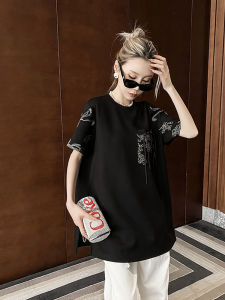 New Chinese Style Mid-Length T-Shirt Womens Summer 2025 Embroidered round Neck Loose Casual Short Sleeve Streetwear