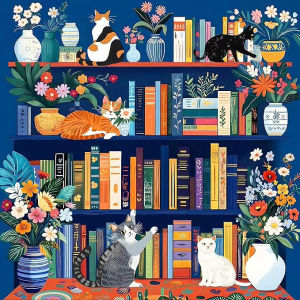 500/1024PCS Jigsaw Puzzle Beautiful Cat Sitting On Bookshelf With Flowers For Adults Perfect For Quiet Evening Activity