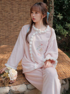 Thickened Plush Sleepwear Womens Home Clothes Set Original Style Tang Costume Embroidered Moon Rabbit Long Sleeve Nightgown