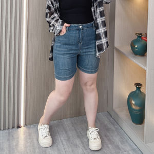 Blue Denim High Waist Elastic Casual Shorts Womens plus Size Summer Slimming Jeans Loose Fit Pocket Detail Straight Leg Pants