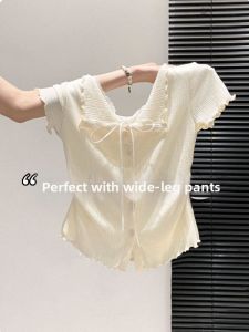 Elegant Lace Tie Short Sleeve T-Shirt Summer