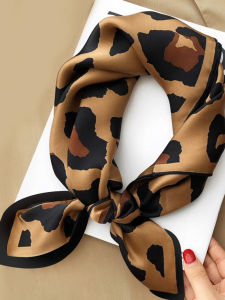 Fashionable Small Square Scarf for Women Leopard Print Thin Caramel Versatile Korean Style Summer Autumn Season Polyester Fiber