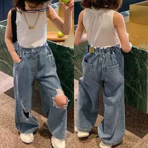 Trendy Loose Jeans Pants for Girls Spring Autumn Cotton Casual Straight Leg Hole Design Childrens Clothing Fashionable Pants