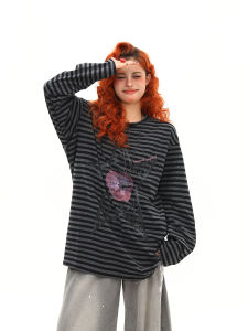 Loose Womens Long Sleeve T-Shirt Vintage Star Stripe Street Style Casual Fashionable Top for Autumn Wear Comfortable Breathable