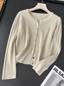 ของแท้ ผู้หญิง เสื้อผ้าถัก คอกลมสีบริสุทธิ์ กระดุมแถวเดียว แขนยาว ฤดูใบไม้ร่วง ฤดูหนาว หลวม Fit เสื้อสเวตเตอร์ถัก