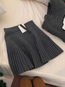 Small High Waist A- line Gray Knitting Skirt Womens Fall and Winter Fancy All-Matching Sheath Pleated Skirt Skirt