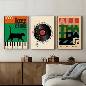 3pcs Frameless Jazz Vinyl Music Retro Posters for Music Lovers Mid-century Retro Painting Canvas Printing WallModern Home Decor