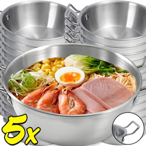 ชามบะหมี่ลามิเนตเกาหลีเงินชามสลัดสแตนเลสพร้อมหูสองชั้น5ชิ้นภาชนะสำหรับรับประทานอาหารในครัว