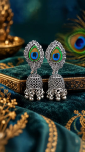 [SG] Peacock Jhumka Earrings | Silver Peacock Feather Dangle Earrings | Colourful Festive Indian Earrings | 5cm | ear me out (EMO-295)
