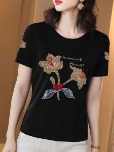 QIAOXIZI | Large Size Short Sleeve Glitter Decorated T-shirt