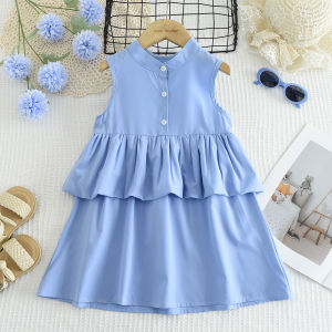 Bear Leader Korean Version Summer New Ruffled Cake Dresses Button Patchwork Casual Girls Clothes Sleeveless Solid Color 3-7 Years Kids Wear